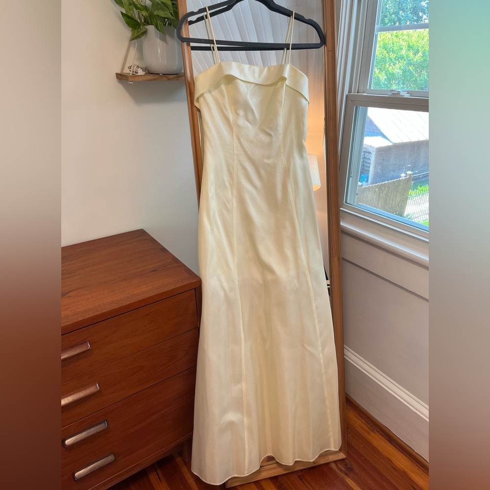Elegant Cream/Limoncello Satin Sparkle Gown with Spaghetti Straps